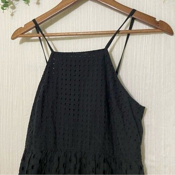 Loft Black Eyelet Midi Dress 2 Petite Cotton Tiered Adjustable Straps Summer - Picture 9 of 13